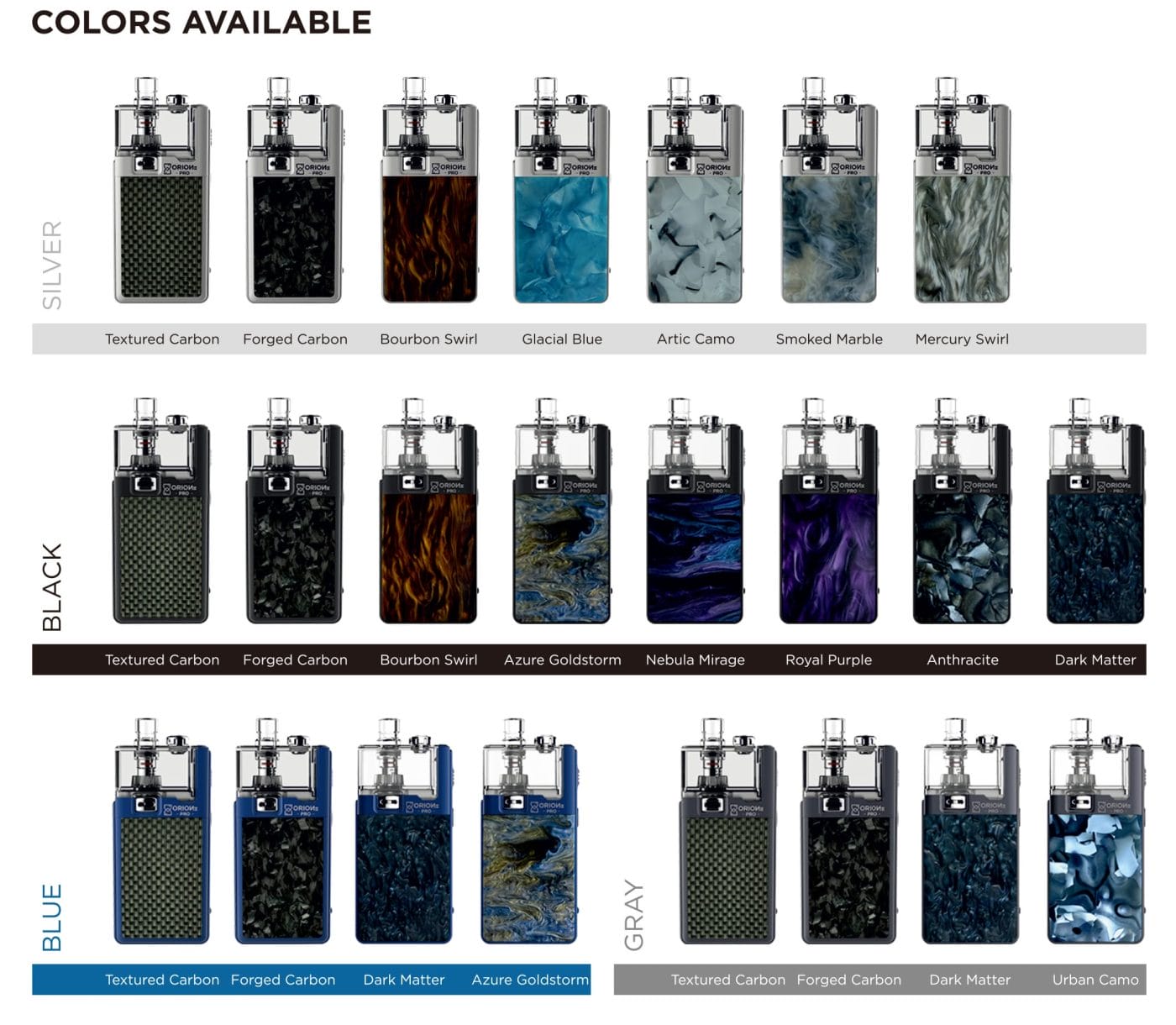 Orion II Pro colours